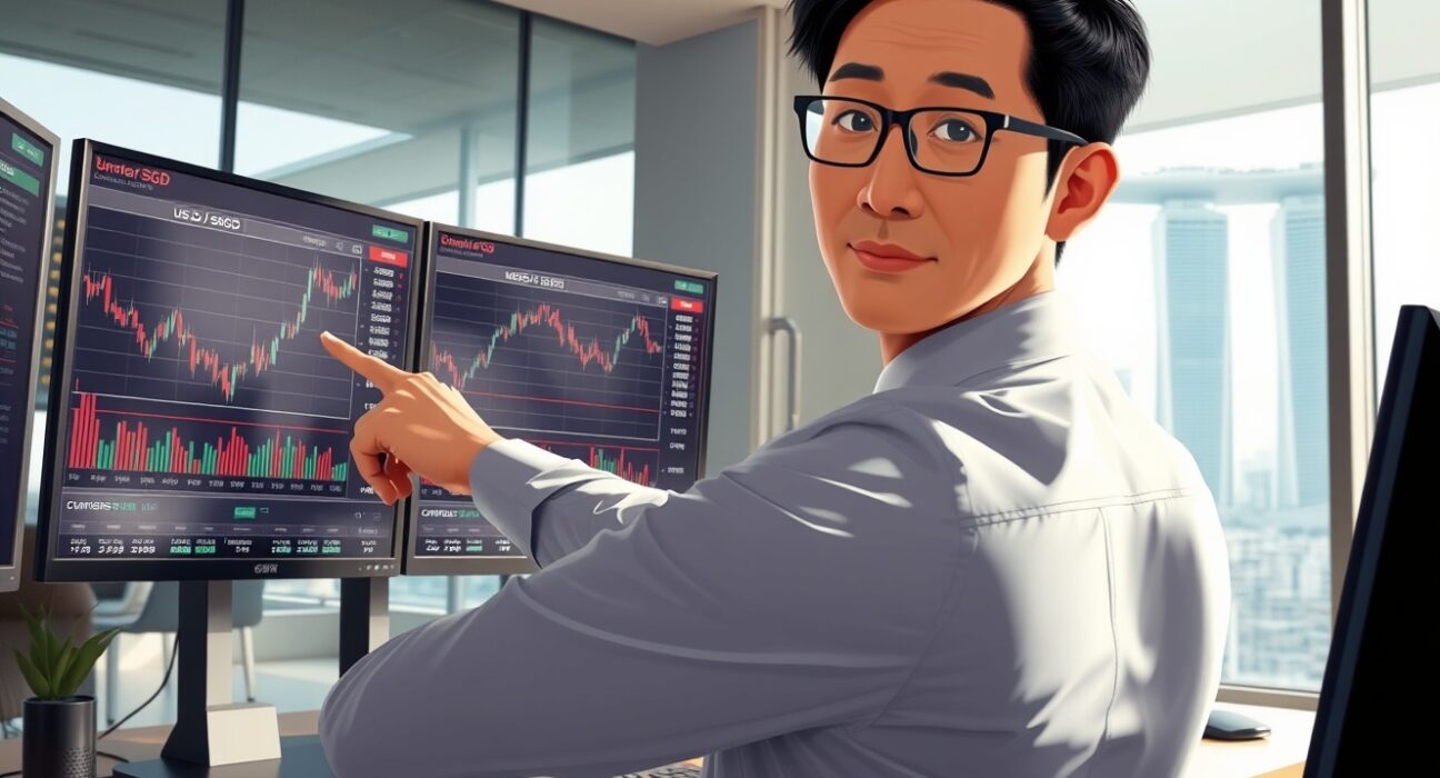Financial analyst examining USD/SGD currency charts in Singapore office for OCBC trading strategy