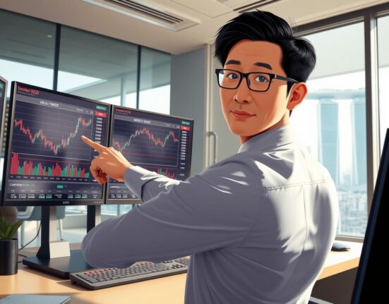 Financial analyst examining USD/SGD currency charts in Singapore office for OCBC trading strategy