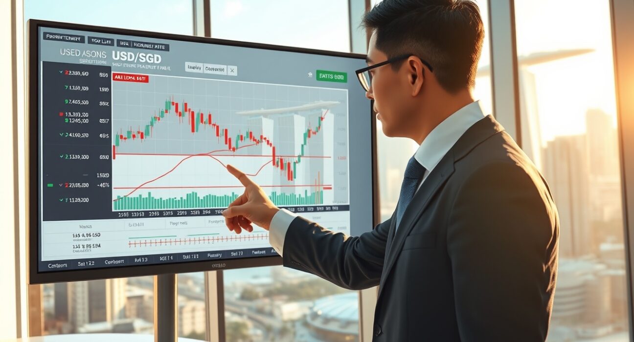 Financial analyst examining USD/SGD exchange rate chart with MAS tightening implications