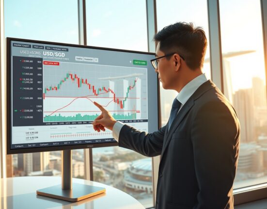 Financial analyst examining USD/SGD exchange rate chart with MAS tightening implications