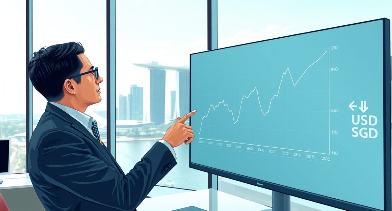 Monetary Authority of Singapore headquarters with USD/SGD exchange rate display showing Singapore Dollar strength