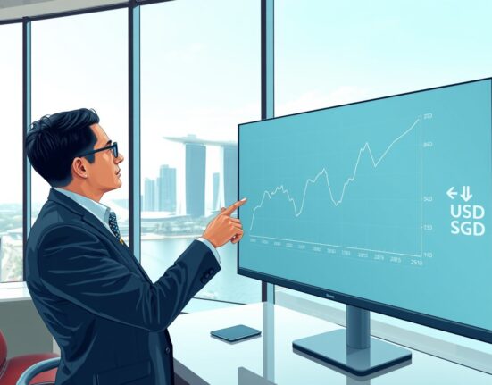 Monetary Authority of Singapore headquarters with USD/SGD exchange rate display showing Singapore Dollar strength