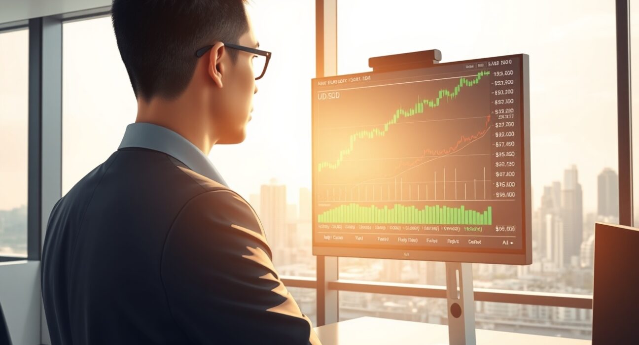 Financial analyst examines USD/SGD exchange rate charts with Singapore skyline backdrop for UOB forecast