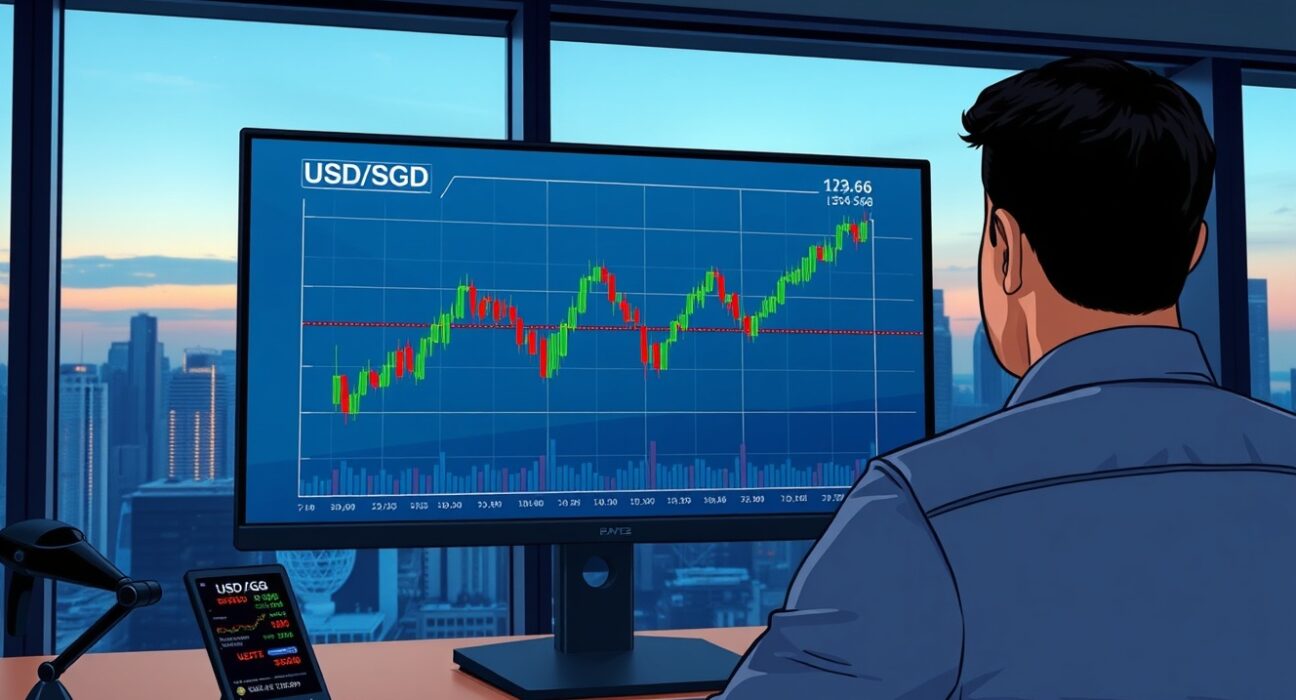 USD/SGD range trade chart on a trading desk in Singapore, illustrating OCBC's defensive profile analysis for forex trading strategy.