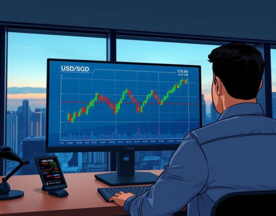 USD/SGD range trade chart on a trading desk in Singapore, illustrating OCBC's defensive profile analysis for forex trading strategy.