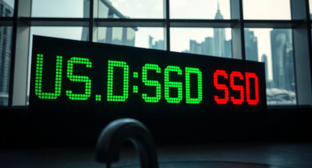 Digital currency exchange board showing USD/SGD rate in a financial trading environment.