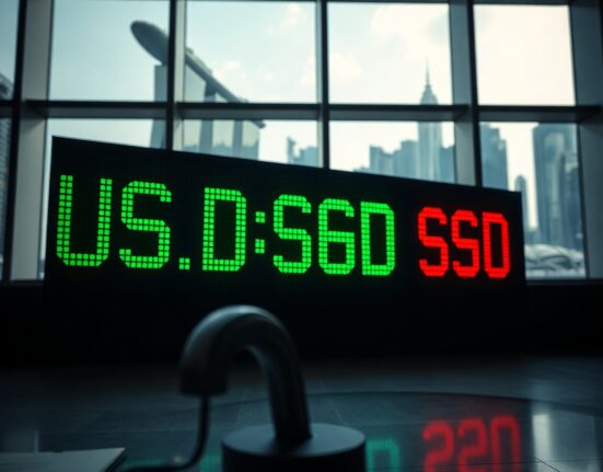 Digital currency exchange board showing USD/SGD rate in a financial trading environment.