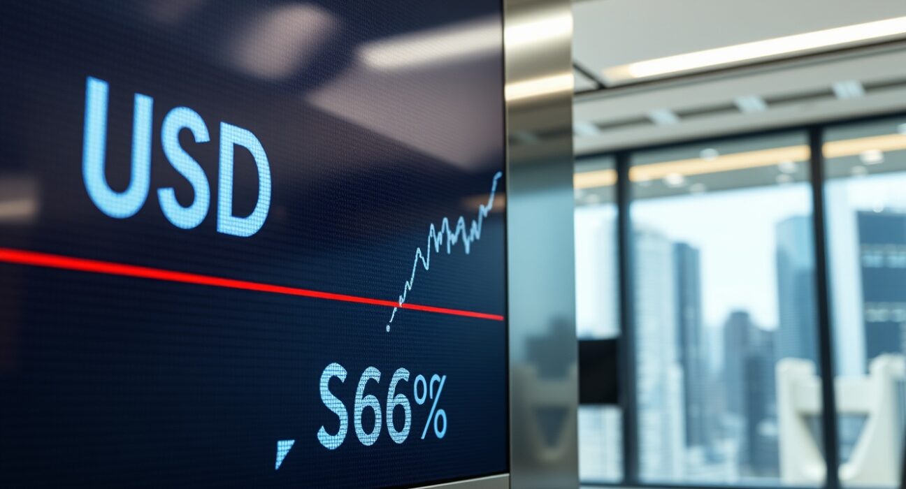 Digital trading screen showing USD/SGD exchange rate with resistance level highlighted in a Singapore financial office