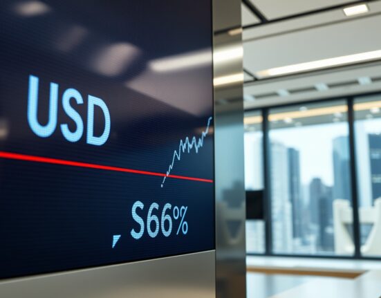 Digital trading screen showing USD/SGD exchange rate with resistance level highlighted in a Singapore financial office
