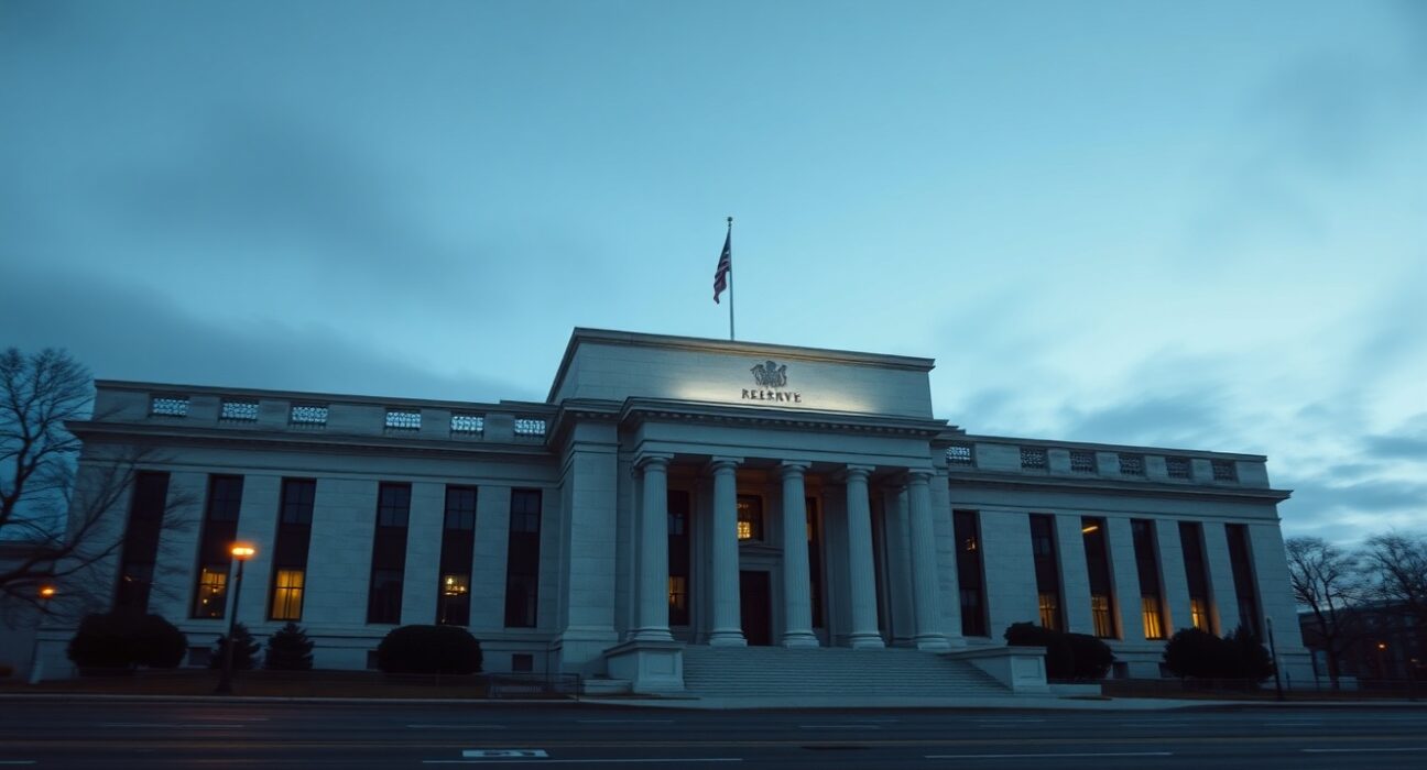 Federal Reserve building in Washington D.C. at dusk, representing the USD softens as markets await Fed decision, with BNY analysis.