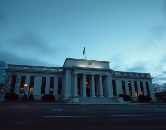 Federal Reserve building in Washington D.C. at dusk, representing the USD softens as markets await Fed decision, with BNY analysis.
