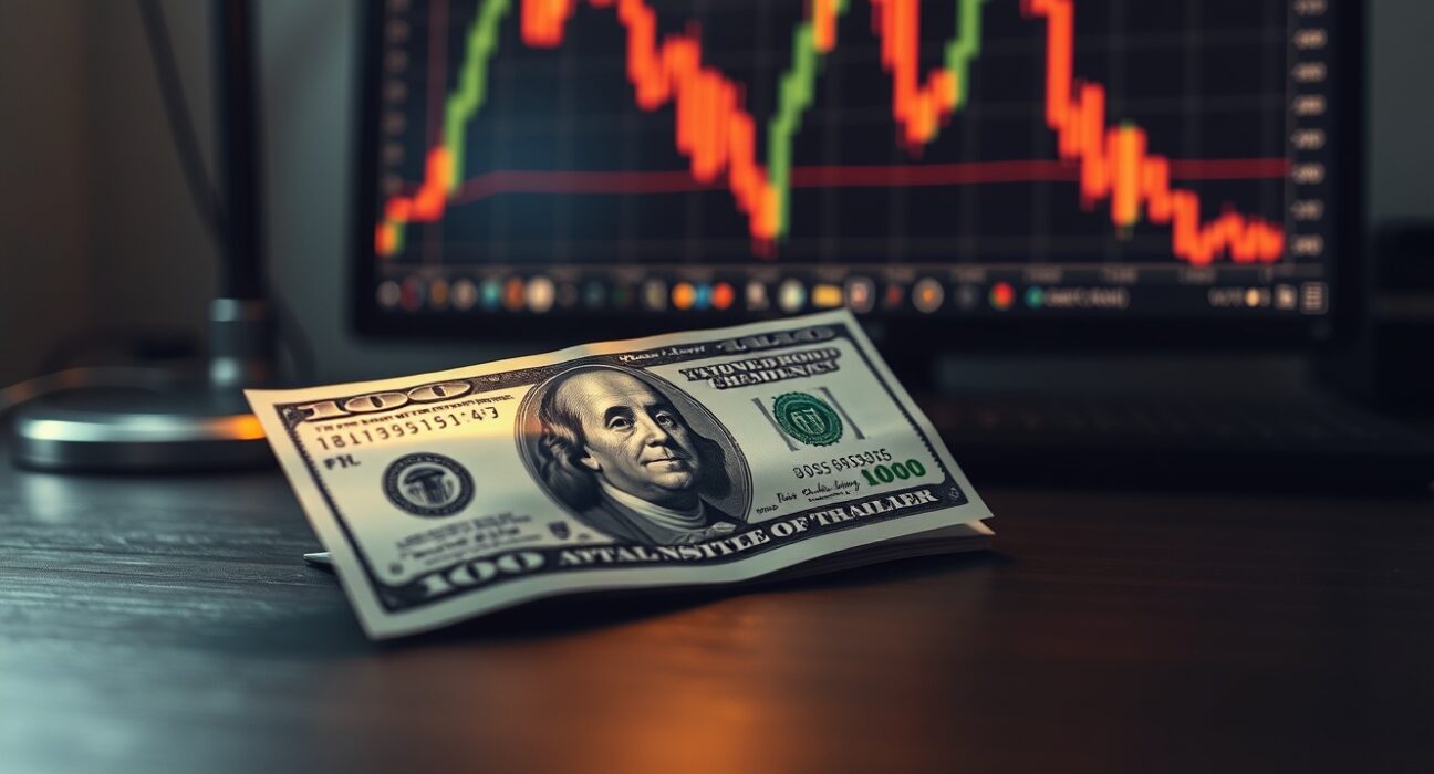 U.S. dollar banknote on desk with blurred forex chart showing downward trend