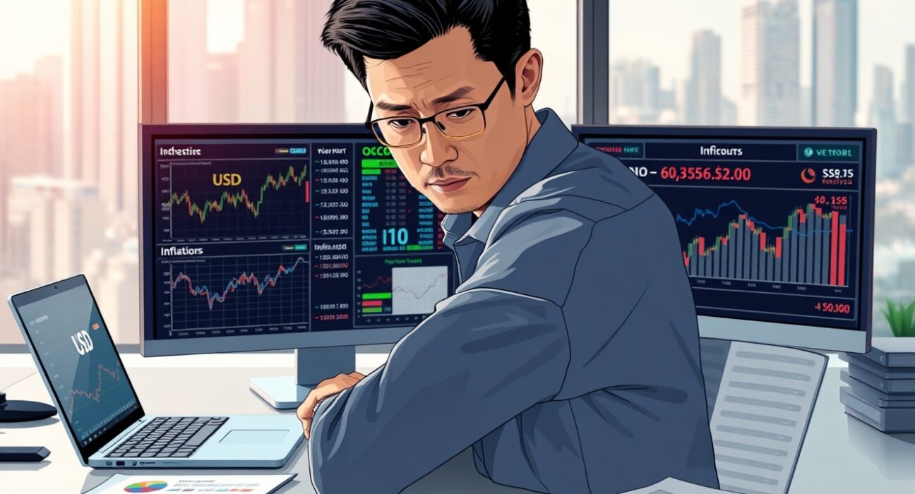 Financial analyst reviews USD currency charts and stagflation data in OCBC economic research report