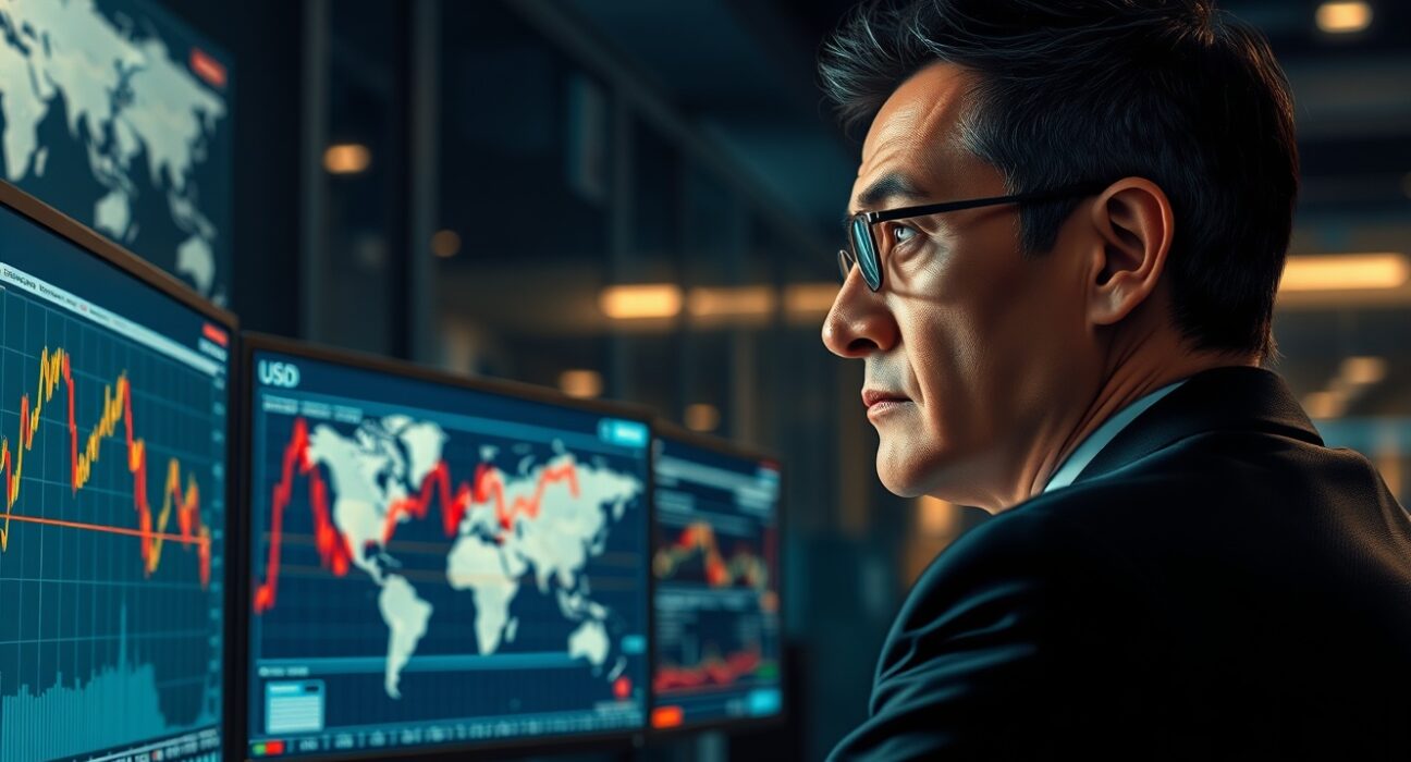 Financial analyst monitoring USD strength and geopolitical risks on trading desk screens.
