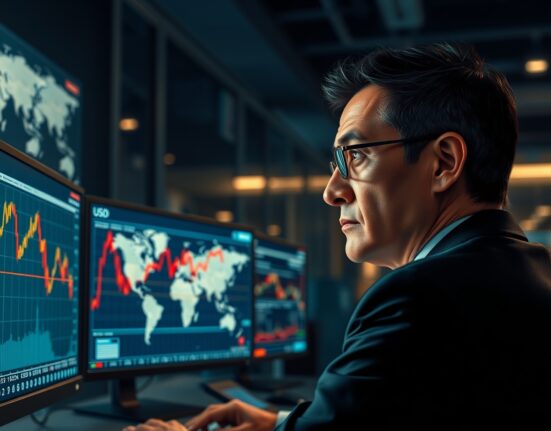 Financial analyst monitoring USD strength and geopolitical risks on trading desk screens.