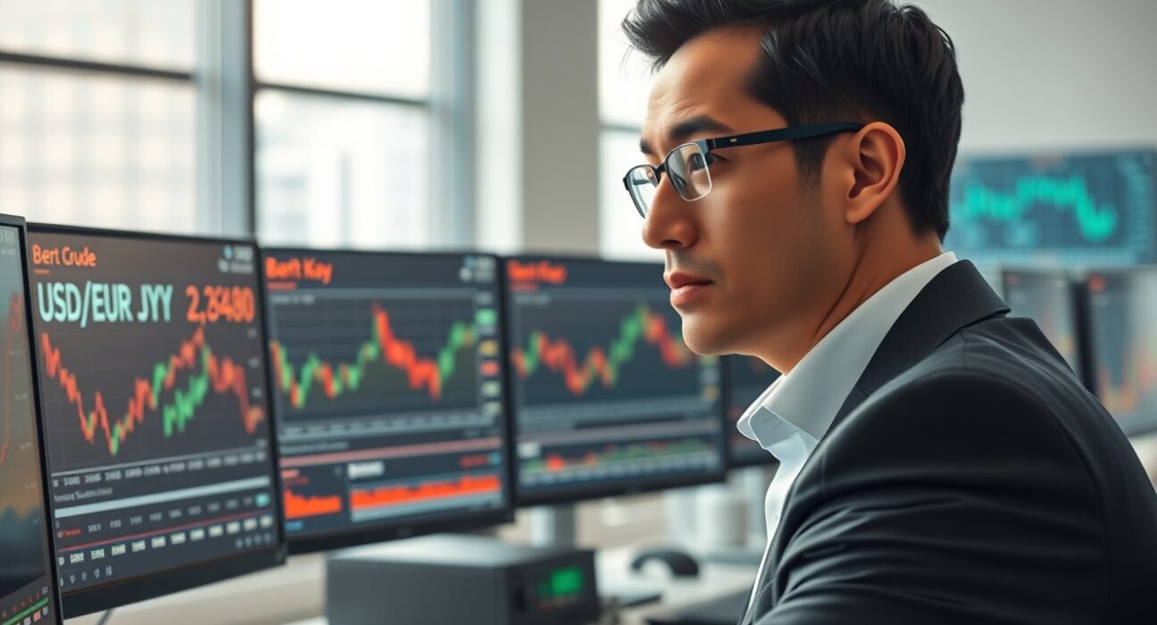 Financial analyst reviewing USD exchange rates and energy price data in trading environment