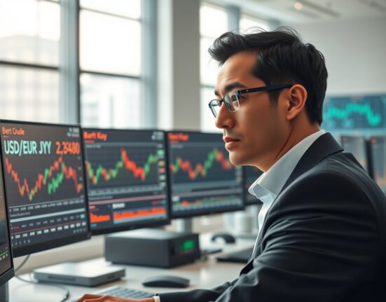 Financial analyst reviewing USD exchange rates and energy price data in trading environment