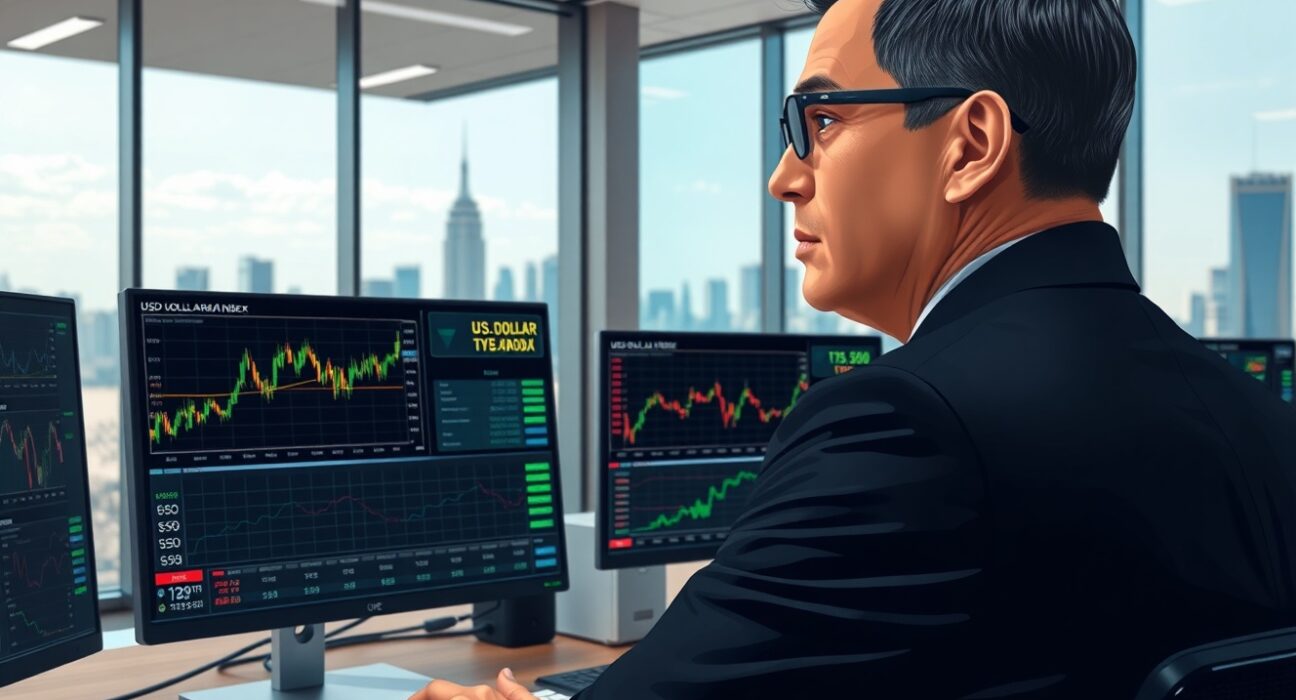 Financial analyst examining USD strength data and currency exchange charts in trading environment