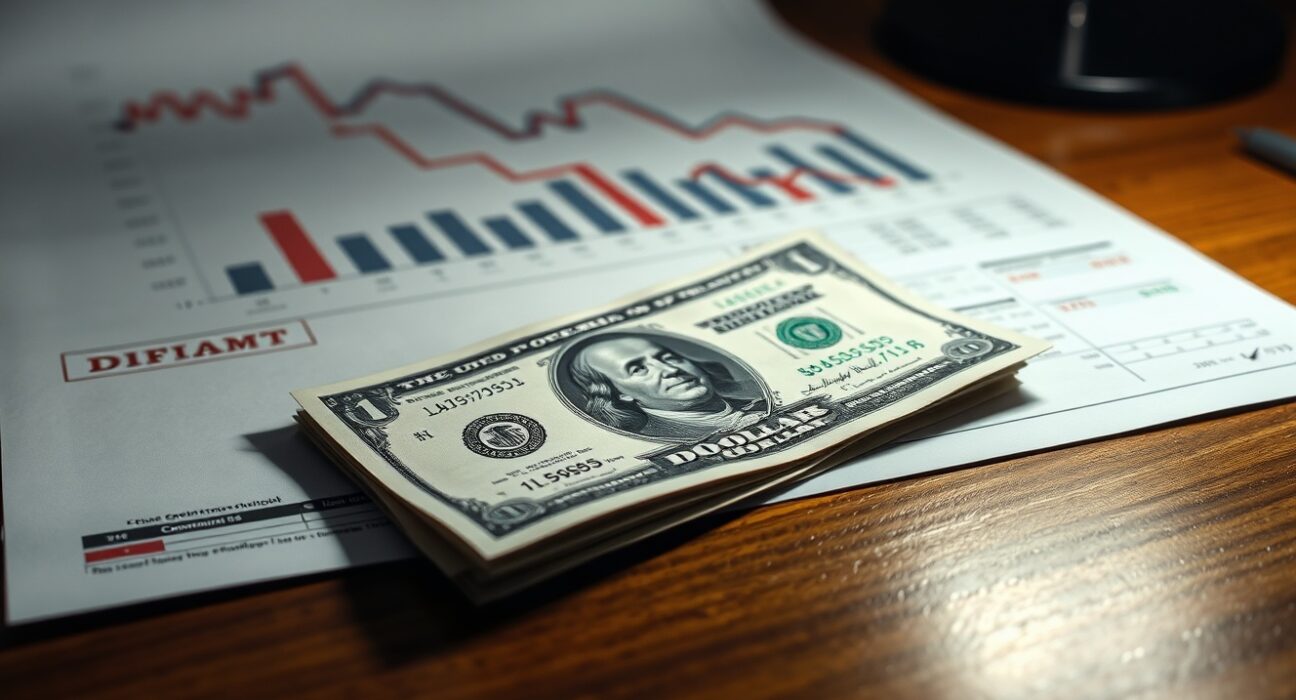 US dollar banknote with declining financial charts in background on desk