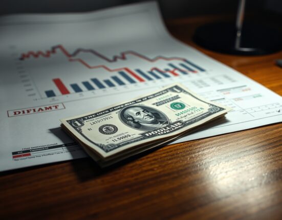US dollar banknote with declining financial charts in background on desk