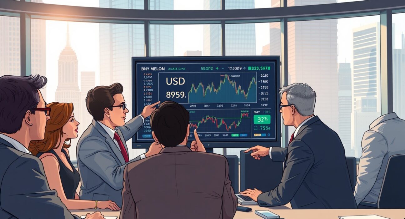 BNY Mellon analysts monitoring USD liquidity and capital flow data on trading floor screens