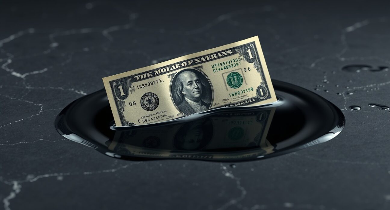 U.S. dollar bill partially submerged in crude oil representing energy and currency markets