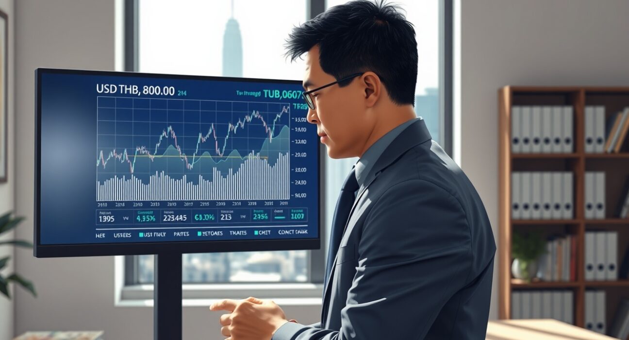 Financial analyst reviewing USD/THB exchange rate data in Bangkok office for Bank of America forecast