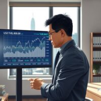 Financial analyst reviewing USD/THB exchange rate data in Bangkok office for Bank of America forecast