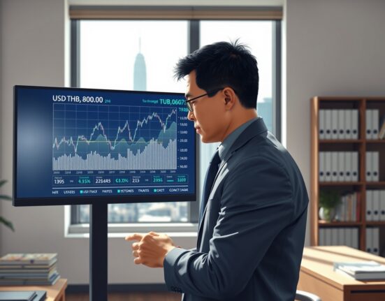 Financial analyst reviewing USD/THB exchange rate data in Bangkok office for Bank of America forecast