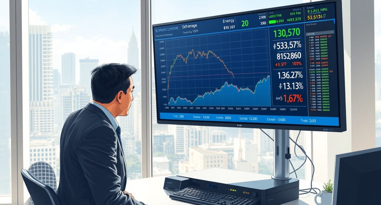 Trader analyzing USD/THB exchange rate and energy market data in Bangkok financial district