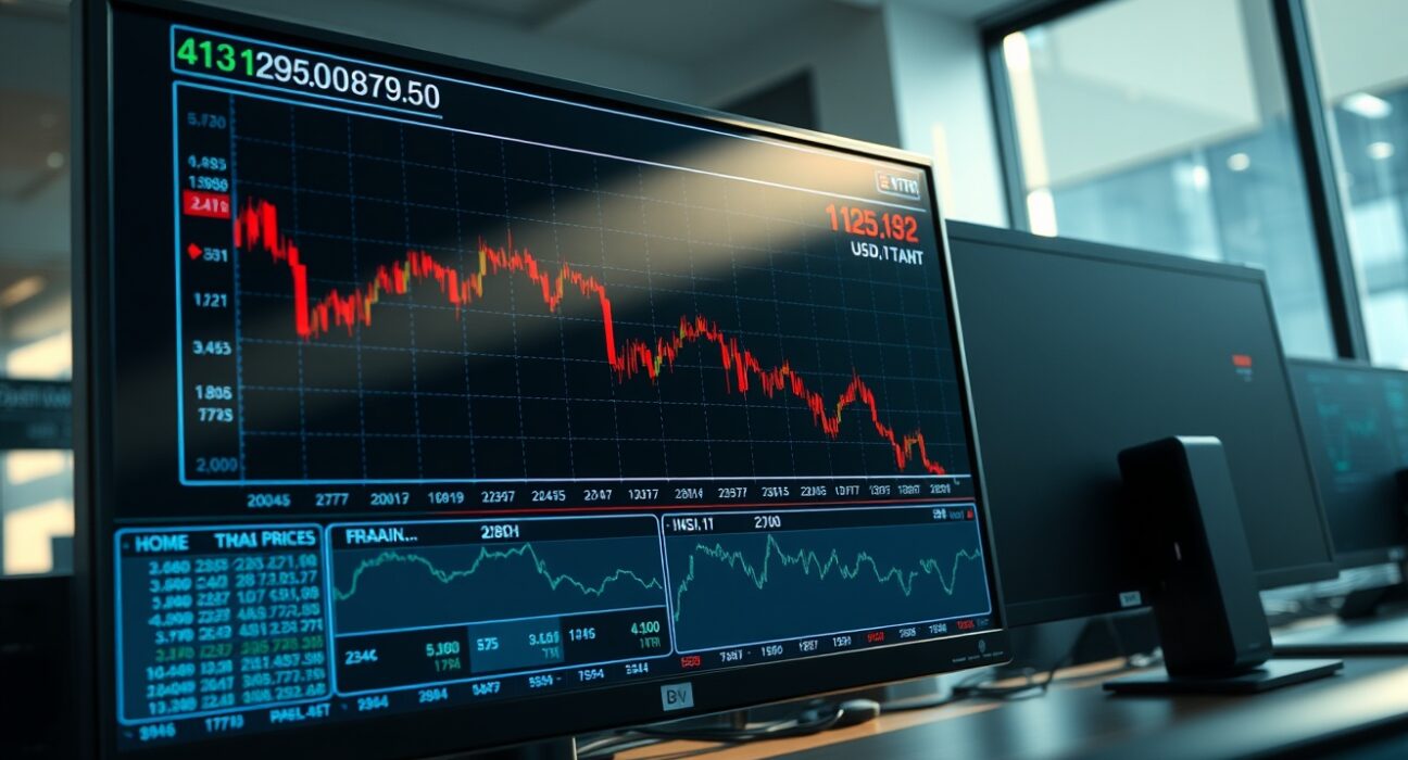 USD/THB exchange rate chart showing Thai Baht pressure from energy market shocks on a trading desk monitor.