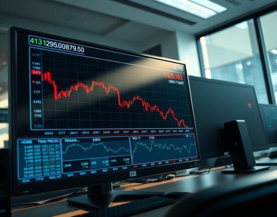USD/THB exchange rate chart showing Thai Baht pressure from energy market shocks on a trading desk monitor.