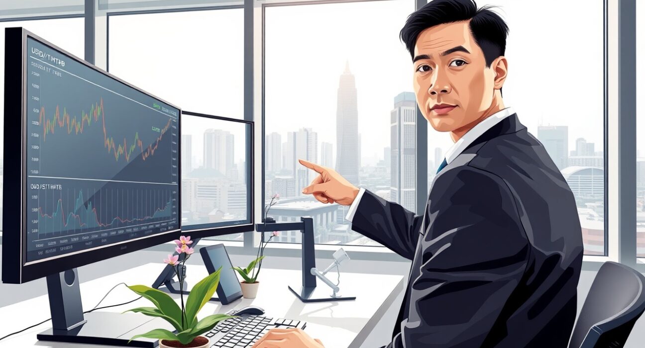 Financial analyst examining USD/THB exchange rate charts in Bangkok office with OCBC analysis data