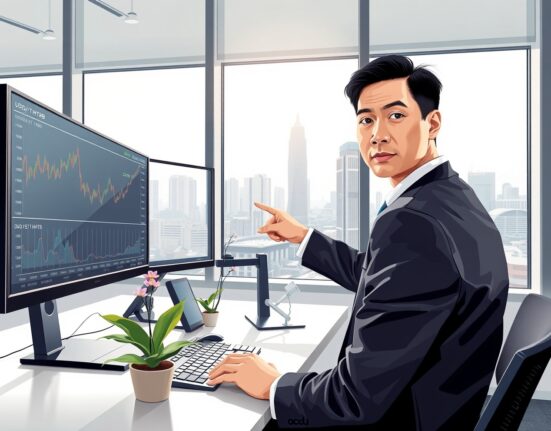 Financial analyst examining USD/THB exchange rate charts in Bangkok office with OCBC analysis data