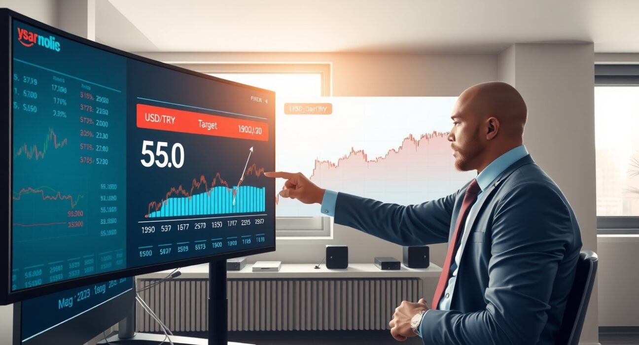 Financial analyst pointing to a USD/TRY exchange rate chart with a year-end target of 55.0, illustrating Commerzbank's currency forecast.