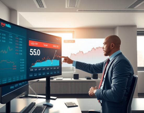 Financial analyst pointing to a USD/TRY exchange rate chart with a year-end target of 55.0, illustrating Commerzbank's currency forecast.