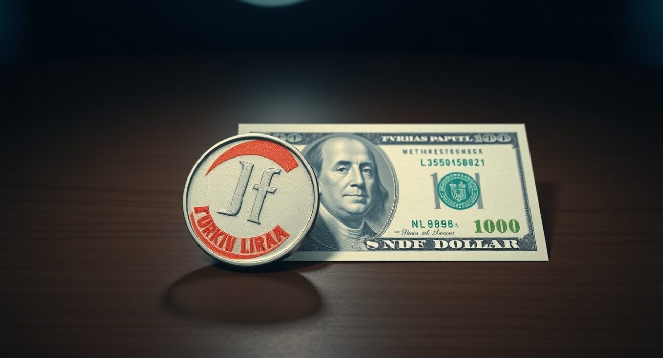 USD/TRY exchange rate risk: Turkish Lira coin and US dollar bill representing currency sell-off and policy inaction concerns