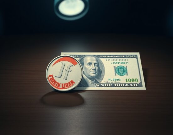 USD/TRY exchange rate risk: Turkish Lira coin and US dollar bill representing currency sell-off and policy inaction concerns