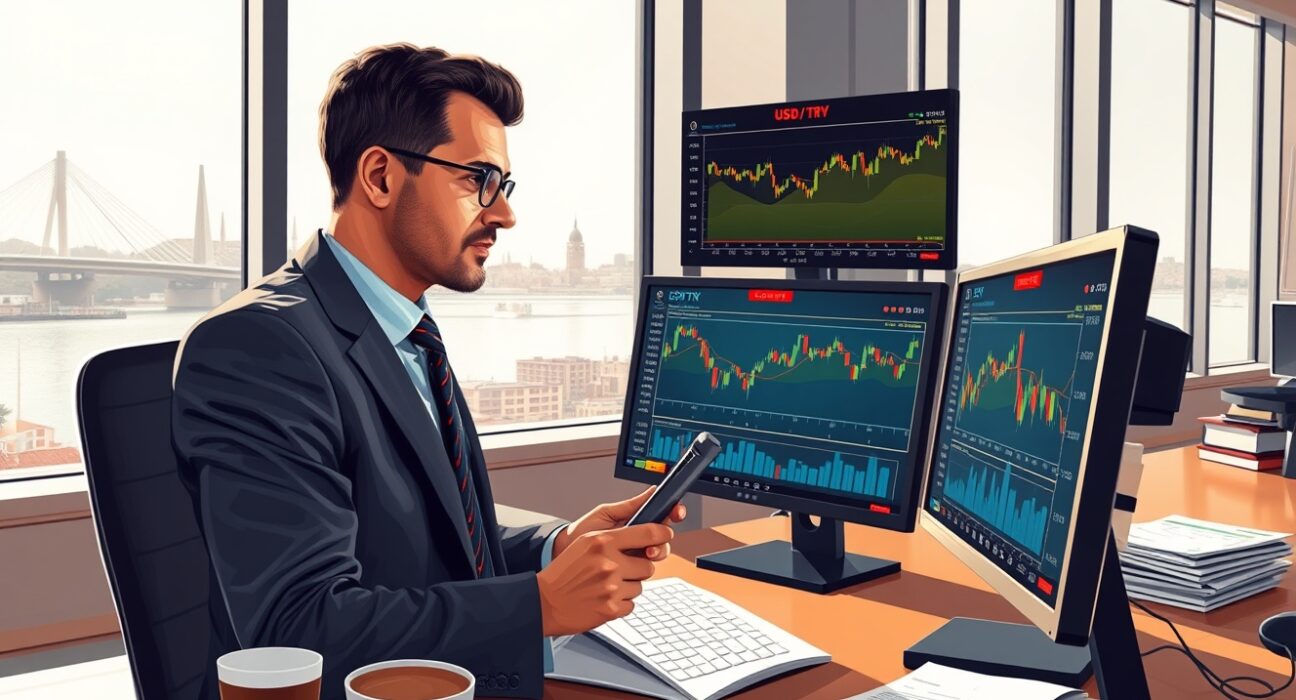 Professional forex trader analyzing USD/TRY exchange rate stability and carry trade opportunities in Turkey's financial markets