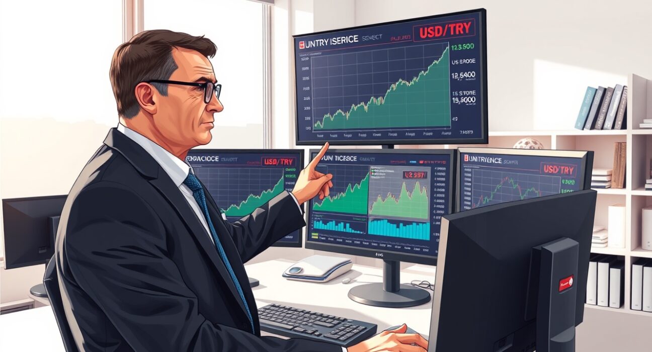Financial analyst examining USD/TRY exchange rate and Turkish inflation data charts in professional office setting