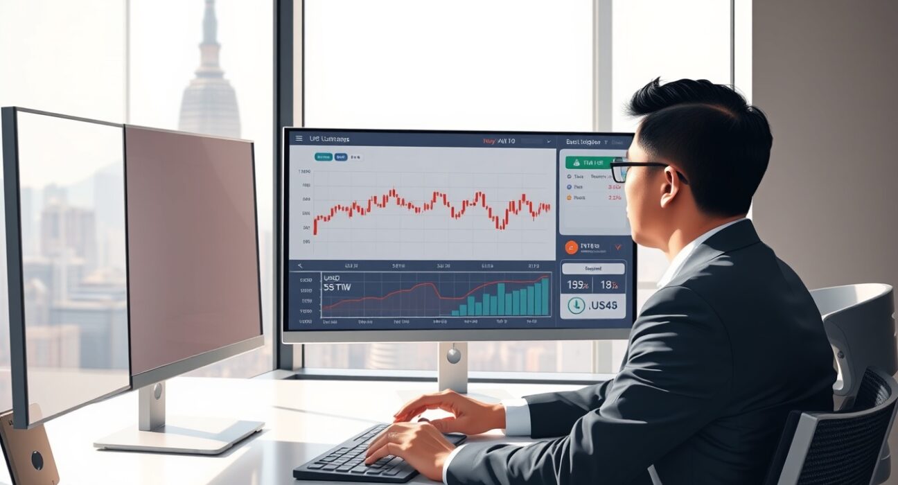 Financial analyst examining USD/TWD exchange rate data with Taipei 101 in background