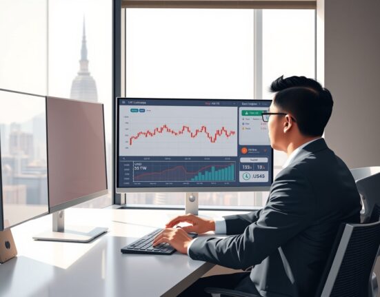 Financial analyst examining USD/TWD exchange rate data with Taipei 101 in background