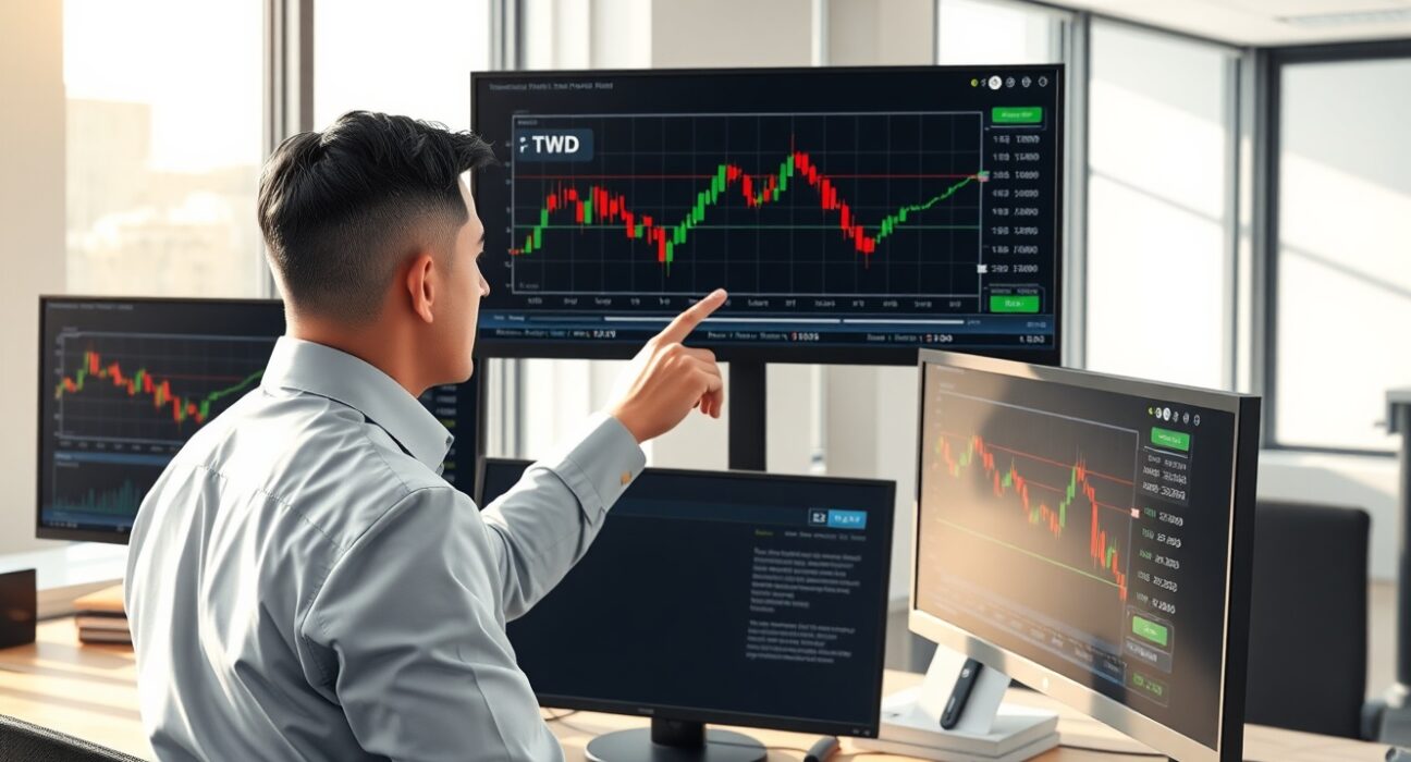 Financial analyst examining USD/TWD exchange rate chart showing falling wedge pattern for potential reversal