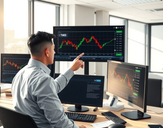 Financial analyst examining USD/TWD exchange rate chart showing falling wedge pattern for potential reversal