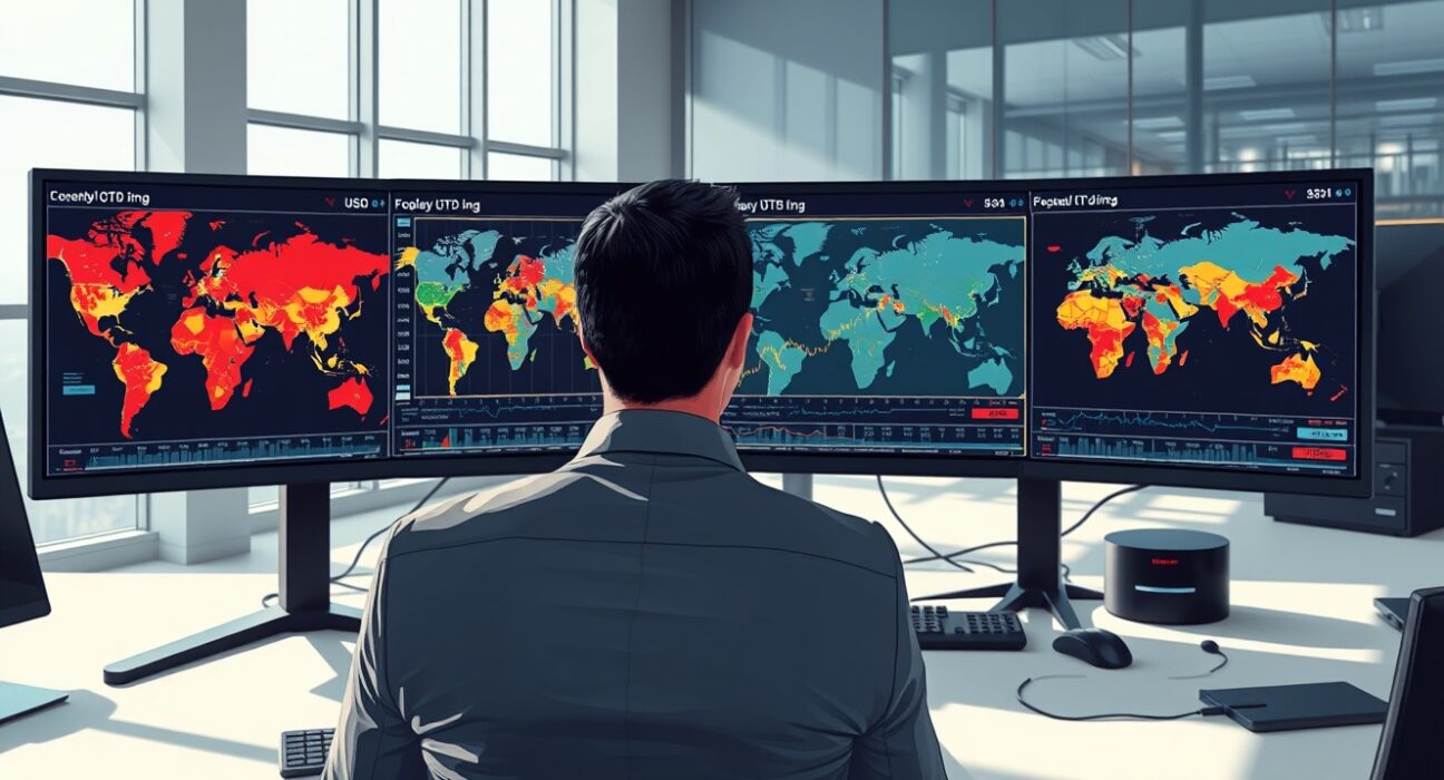 Financial analyst monitoring USD currency charts and geopolitical risk data in conflict-driven markets