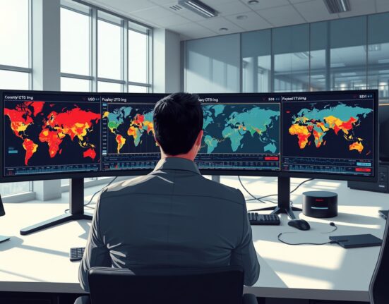 Financial analyst monitoring USD currency charts and geopolitical risk data in conflict-driven markets