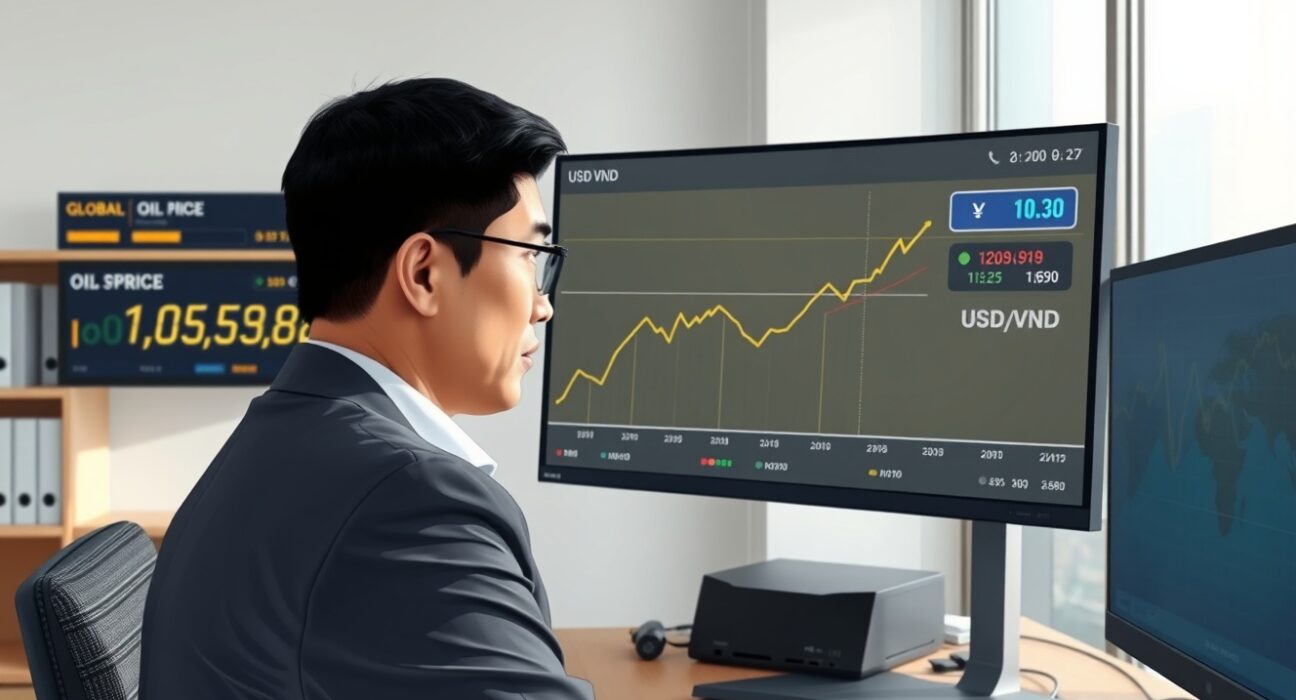 Financial analyst in Vietnam reviews USD/VND exchange rate and oil price data, highlighting currency risk.