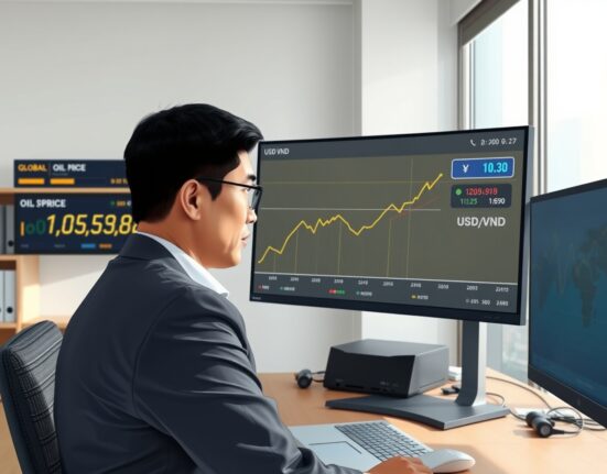 Financial analyst in Vietnam reviews USD/VND exchange rate and oil price data, highlighting currency risk.