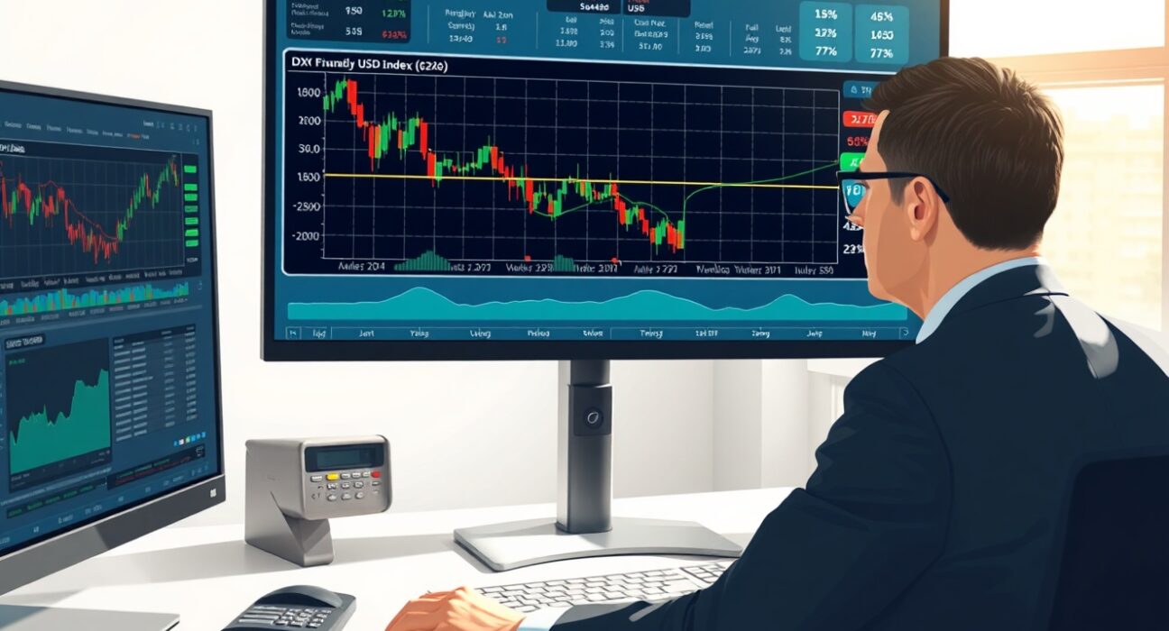 Financial analyst reviewing HSBC's USD volatility and weaker trend forecast on trading screens.