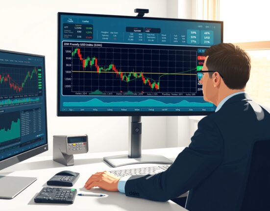 Financial analyst reviewing HSBC's USD volatility and weaker trend forecast on trading screens.